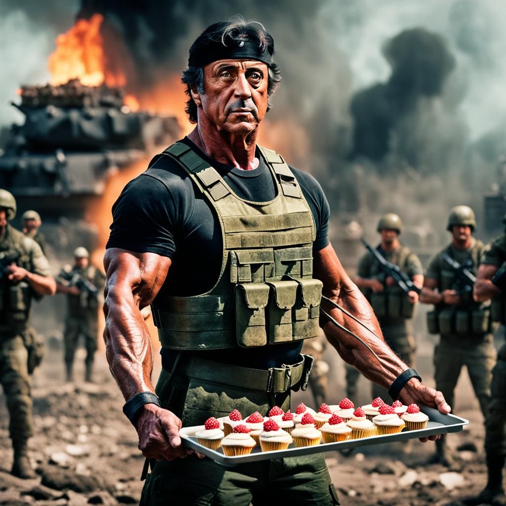 Rambo on Dystopian Battlefield Holding Cupcakes