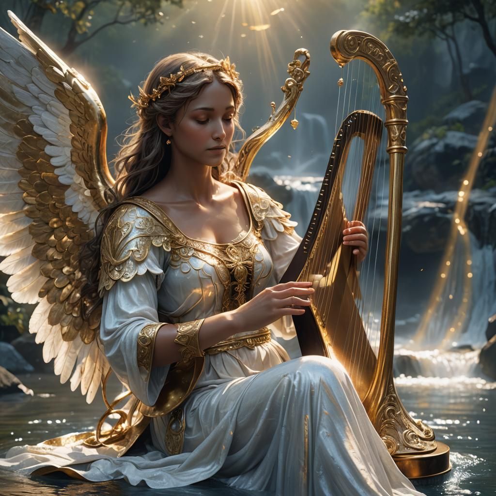 Bronze Angel Playing Harp in Heaven, Digital Art