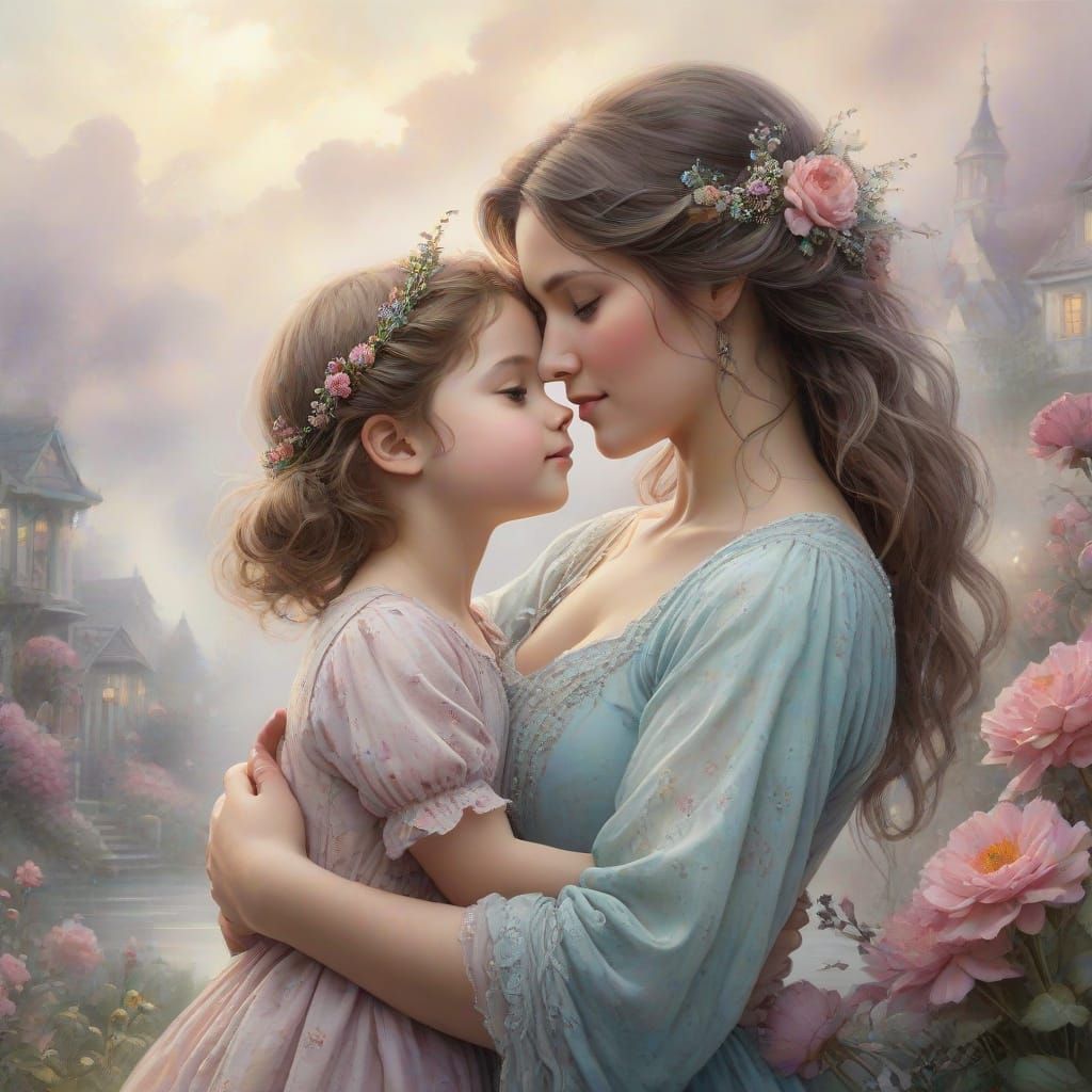 Mother and Daughter Embrace in Ethereal Watercolour