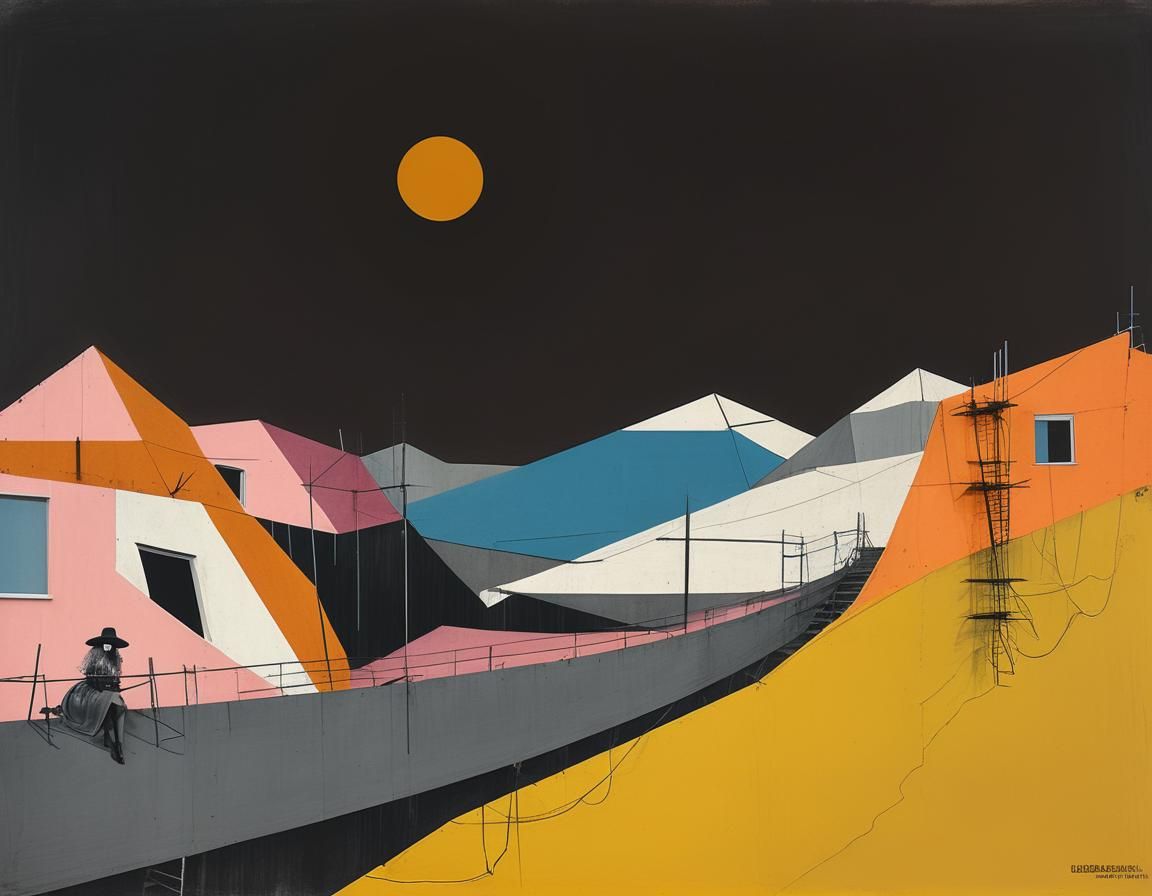 Bauhaus-Inspired Woman Amidst Scaffolding in Pink and Grey