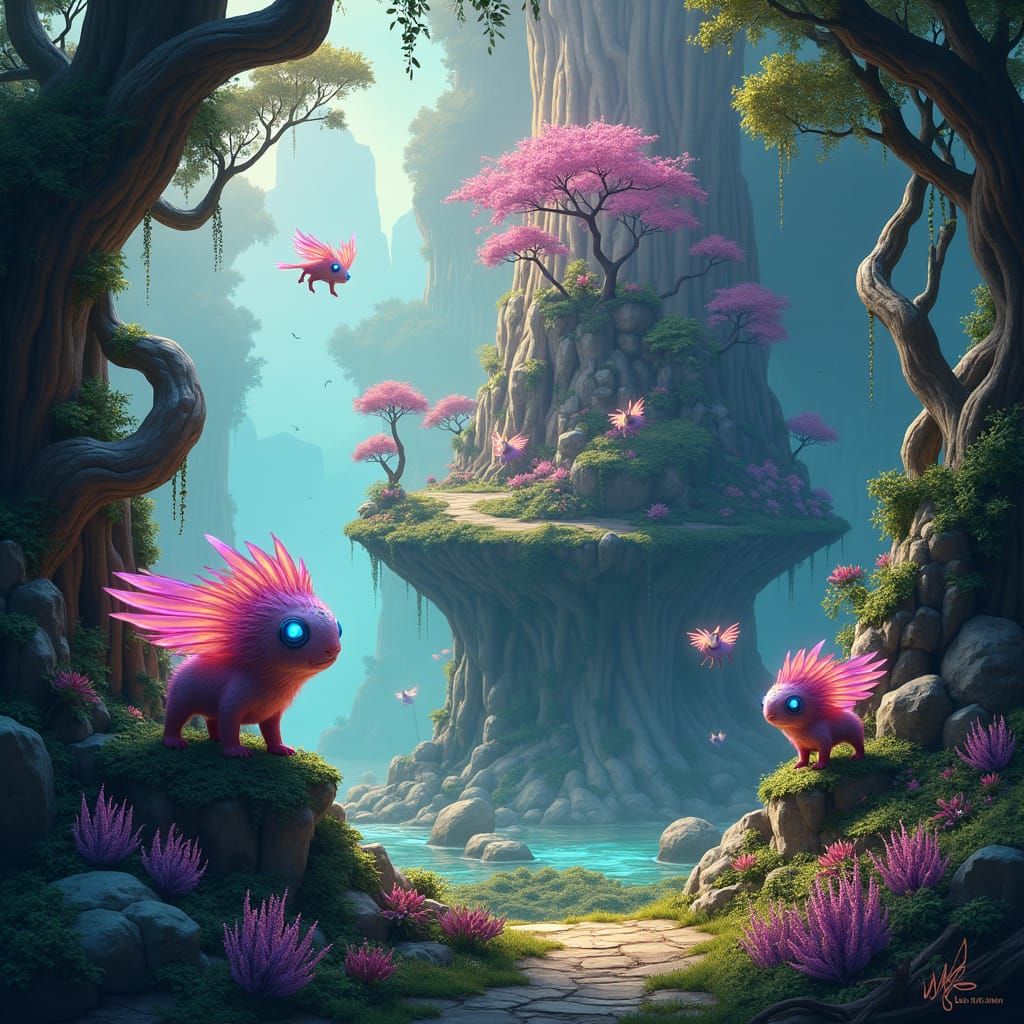 Mystical Island Realm with Iridescent Creatures