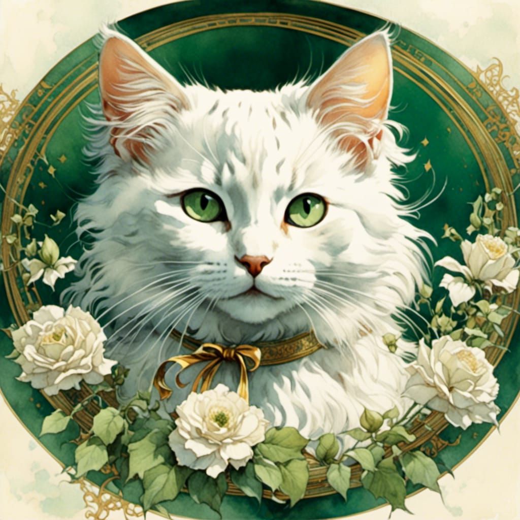 Fluffy White Cat with Flowers in Watercolor Style