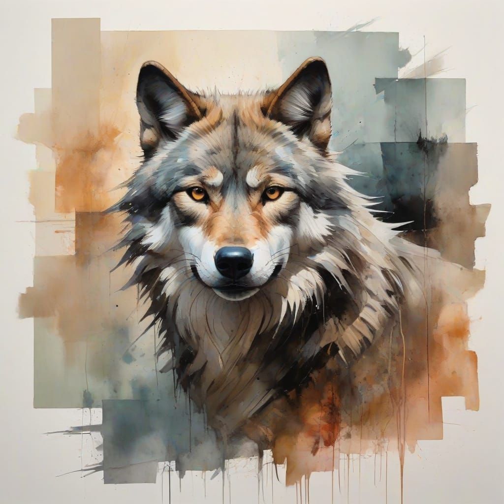 Wolf Howls Under Starry Night Sky in Mixed Media Art