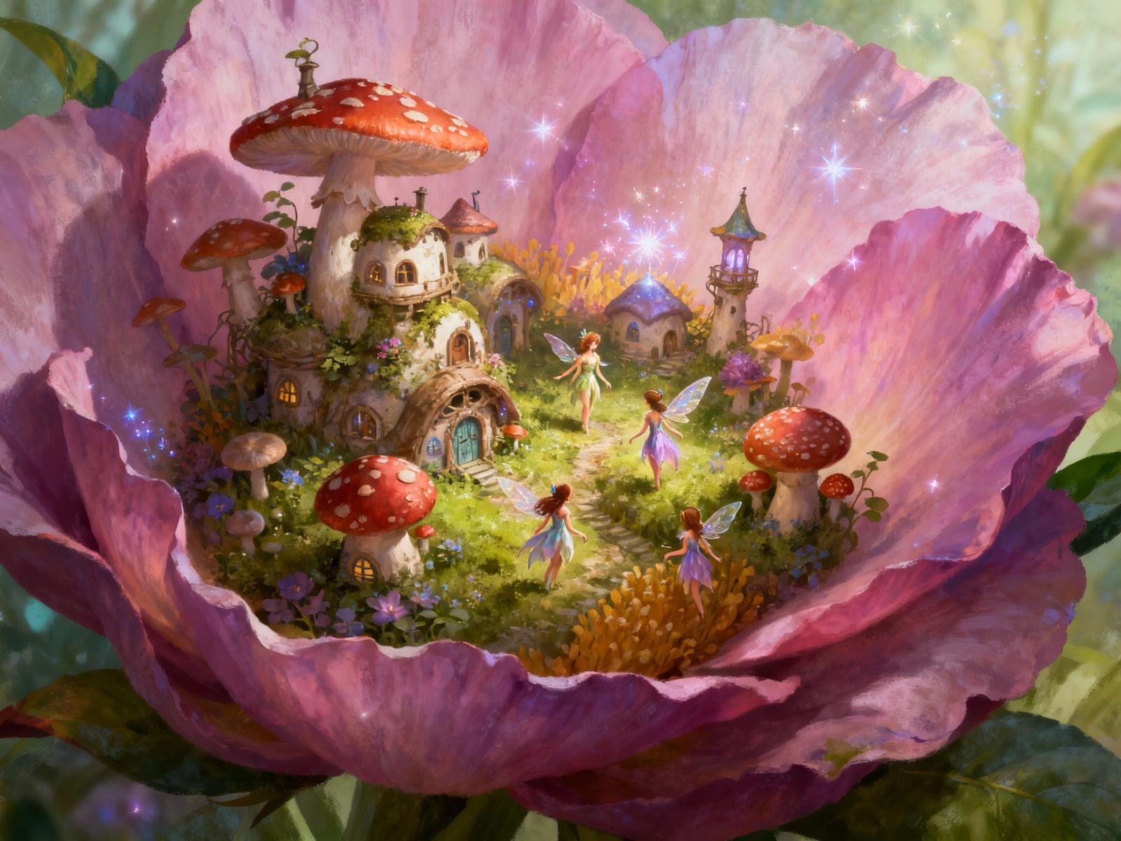 Fairy Kingdom Inside a Flower, Hyperdetailed Fantasy Art