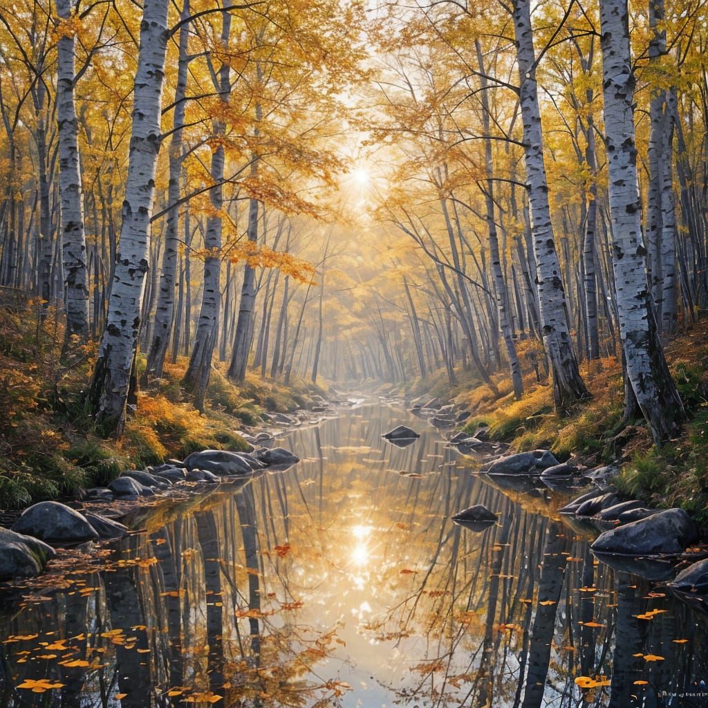 Golden Autumn Forest Sunrise Over Reflective River