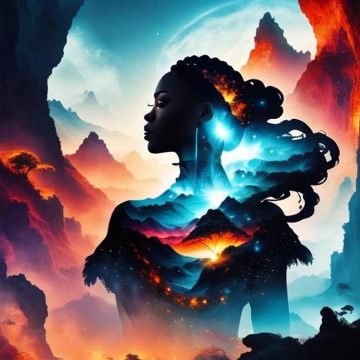 African Woman Portrait with Savanna Double Exposure