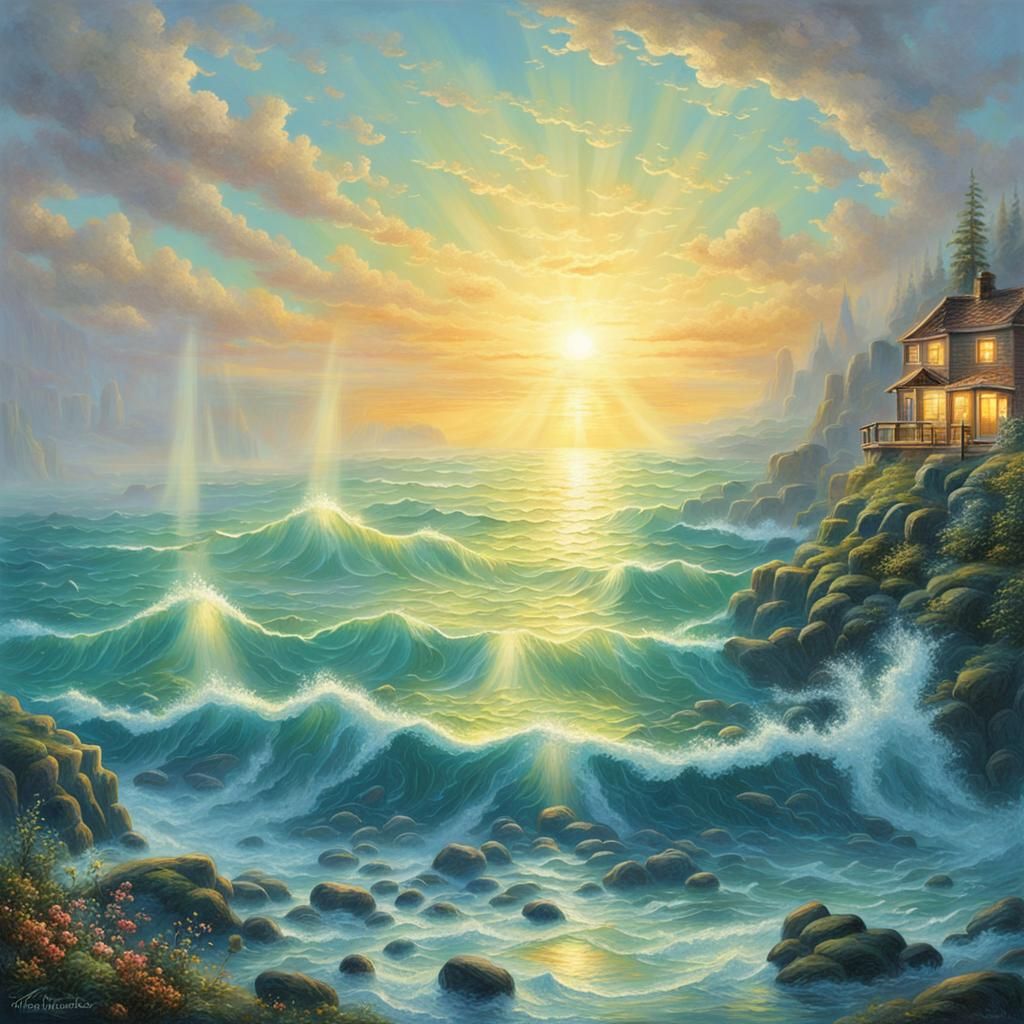 Bioluminescent Ocean Under Morning Sun, Ethereal Fantasy