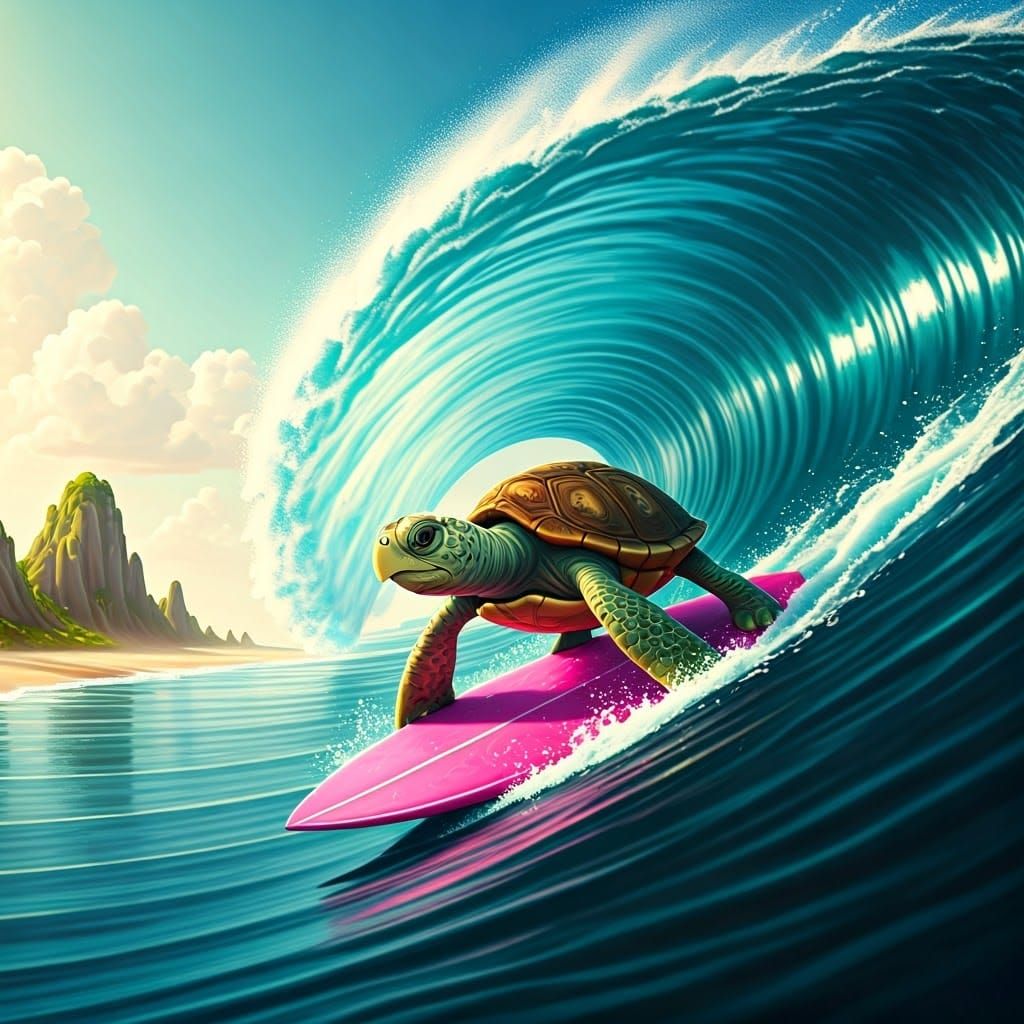 Surfing Turtle Rides Gnarly Wave in Vibrant Digital Art