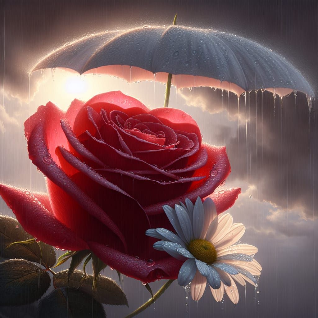 A Robust Rose Protects Delicate Daisy in Gentle Rain