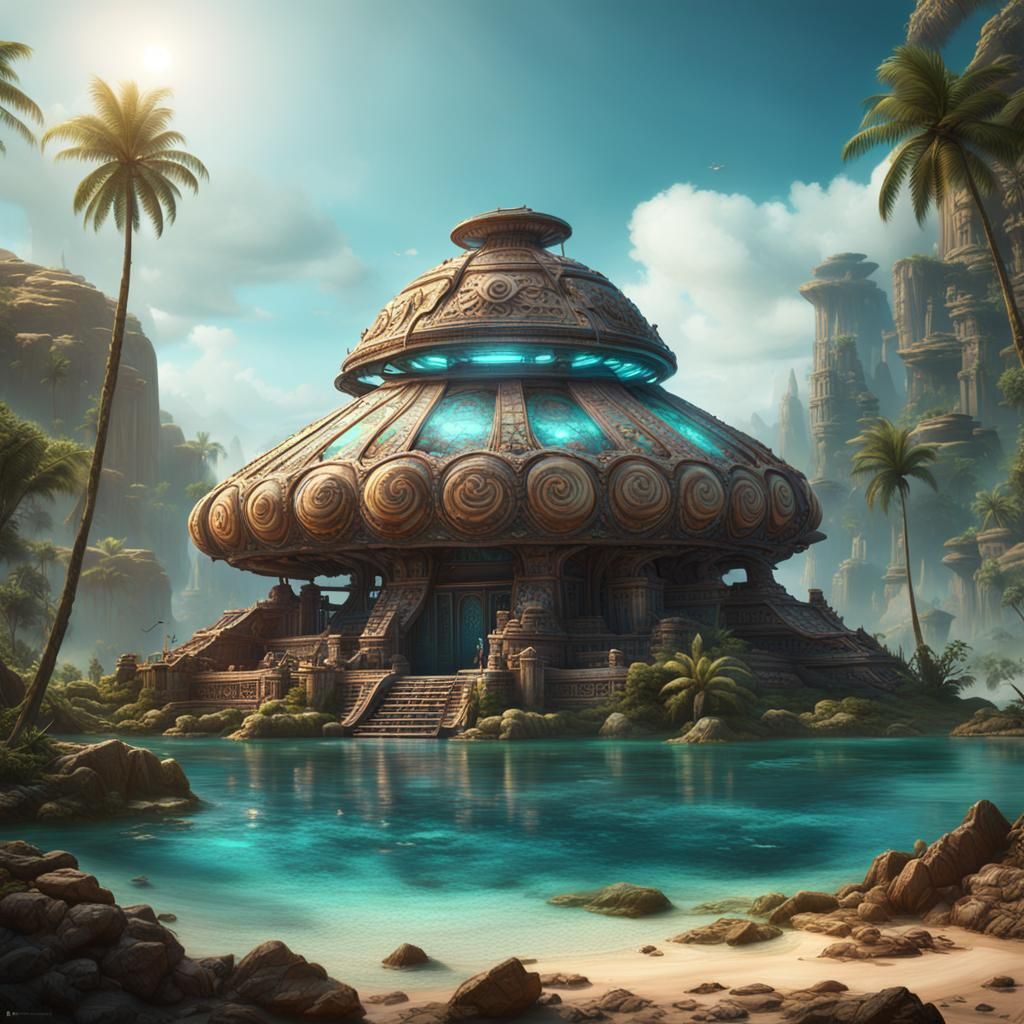 Navajo Spaceship on Tropical Lagoon: Fantasy Concept Art