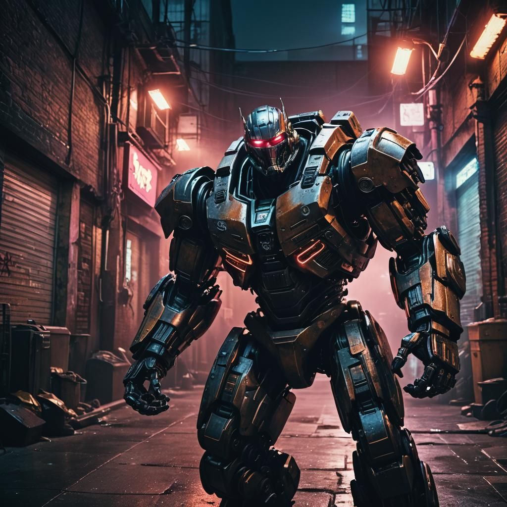 Man Battles Robot in Neon-lit Alleyway