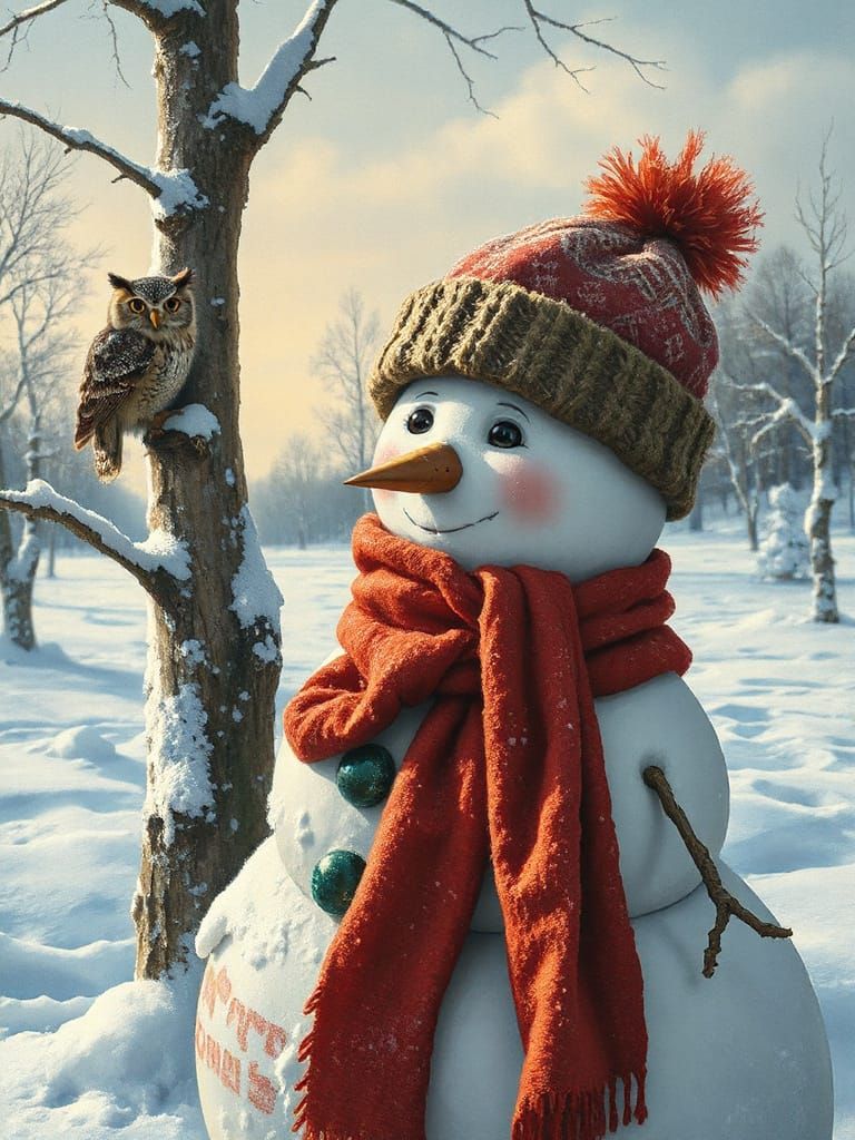 Snowman and Owl in Winter Landscape, Hyperrealistic Style