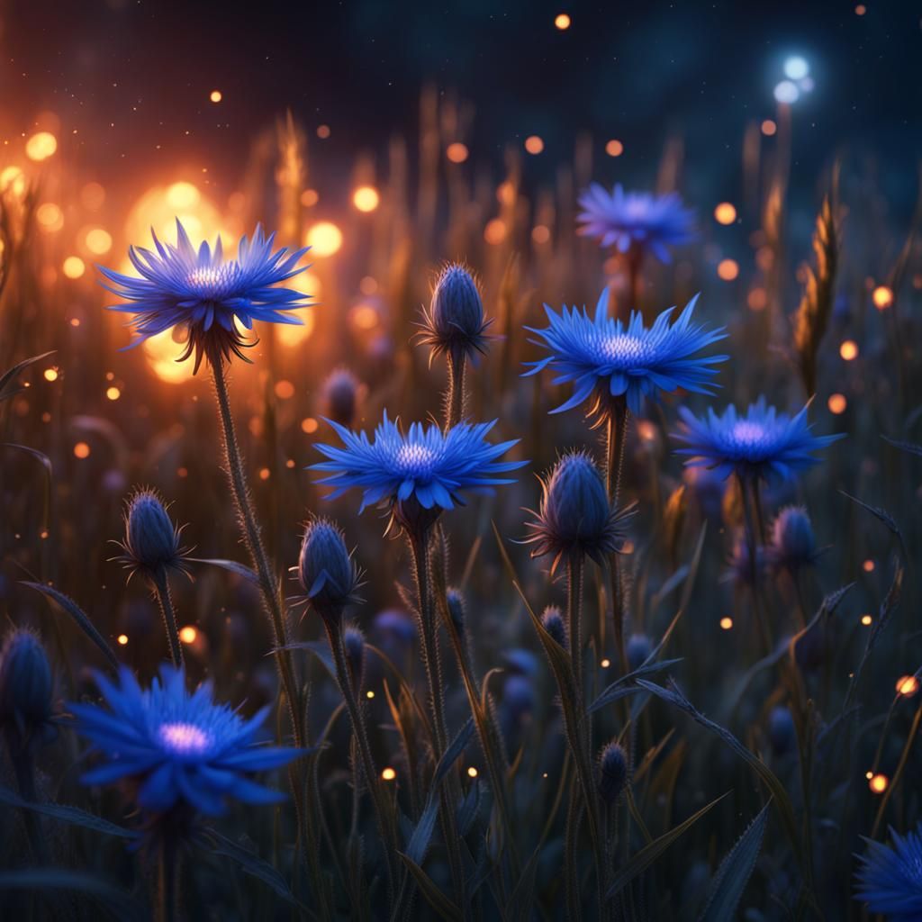 Mystical Glowing Cornflowers at Night as Matte Painting