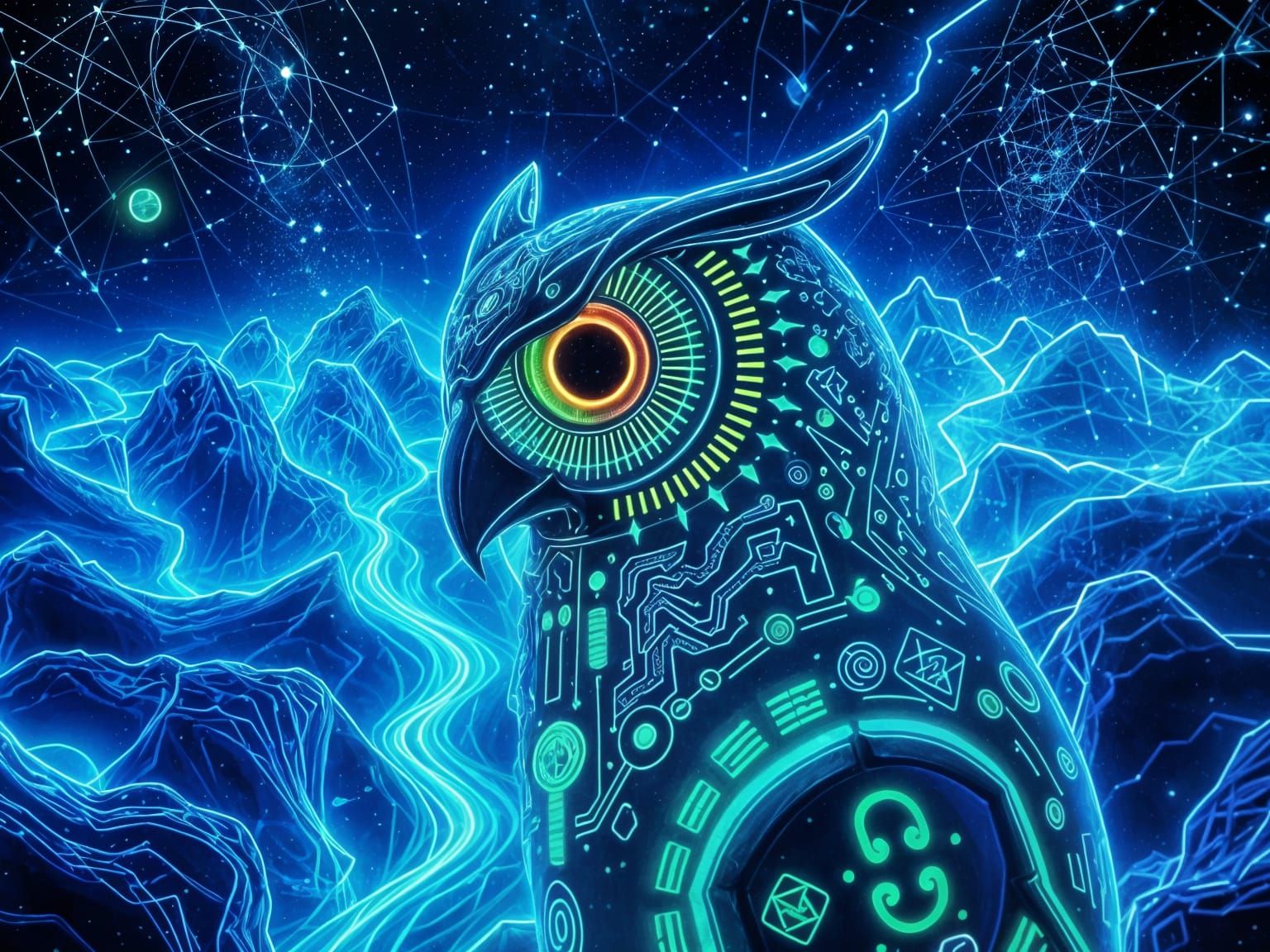 Cyberpunk Crystal Owl Contemplates Quantum Infinity