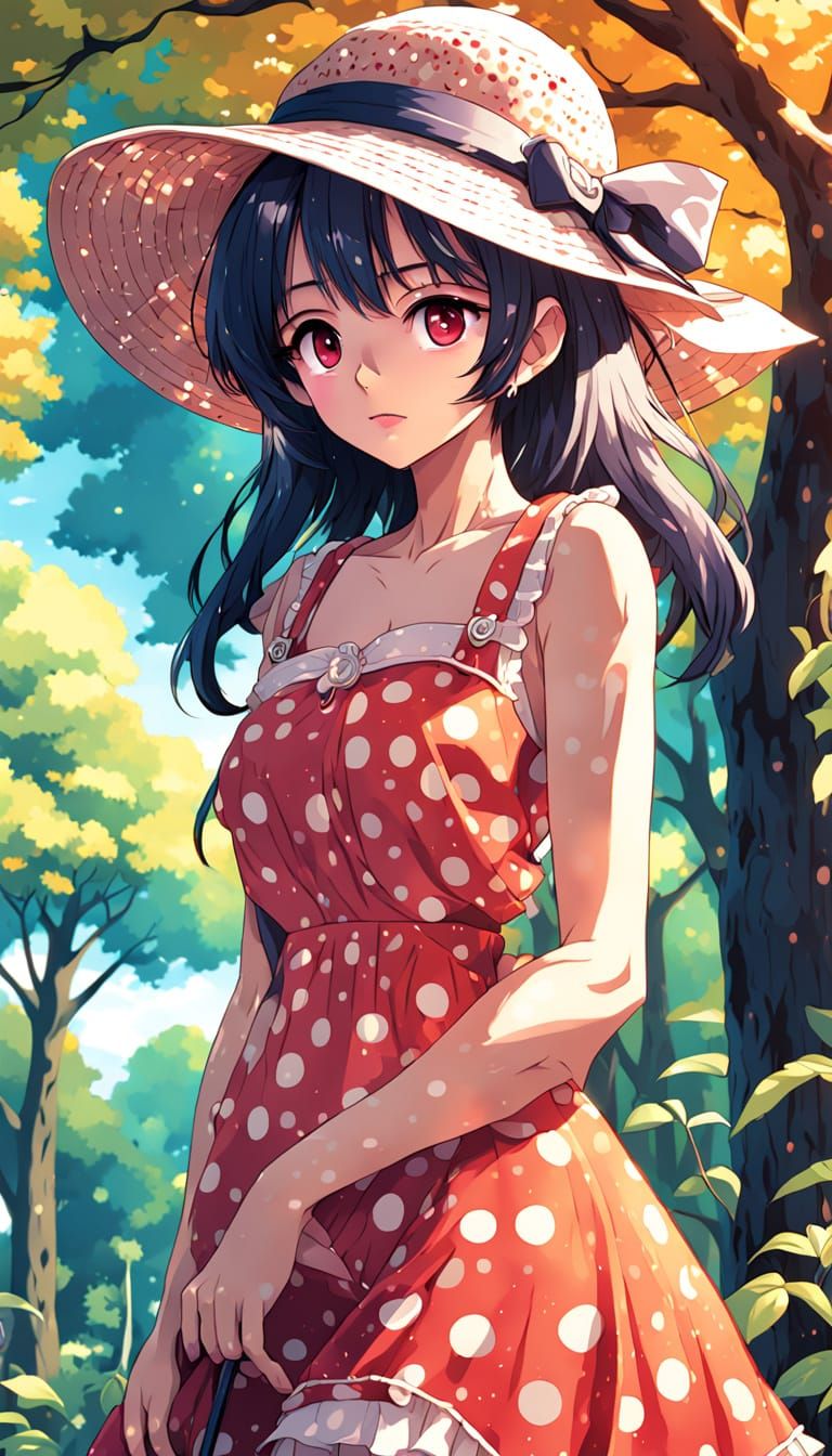 Anime Woman in Polka Dots, Cel-Shaded Style