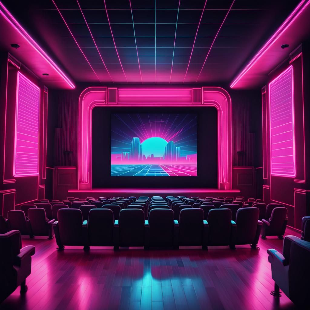 Movie Theater Screen Powering Up in Synthwave Style