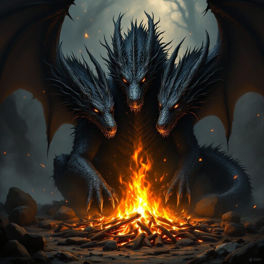 A mystical three-headed black dragon sat quietly in front of a fire.