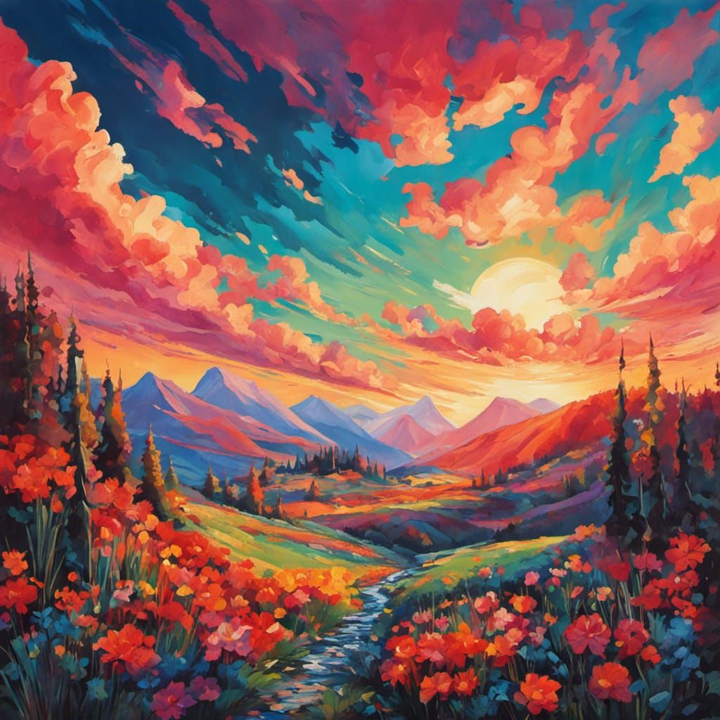 Vibrant Fantasy Landscape in Gouache Style