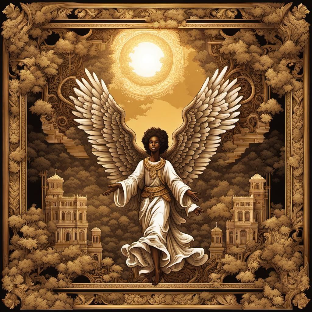 Baroque Frame: Pixel Art Angel in Mythological Scene