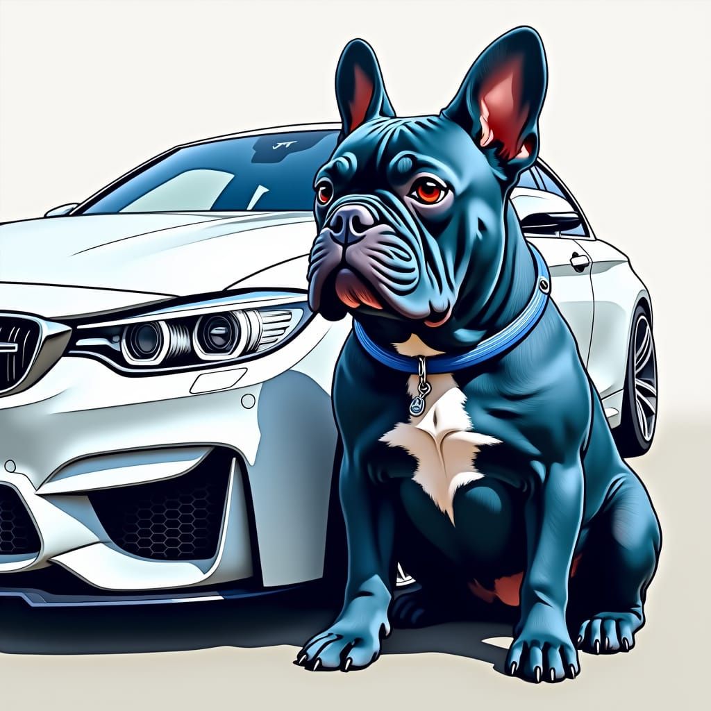 Blue Bulldog and Gleaming BMW in Comic Art Style
