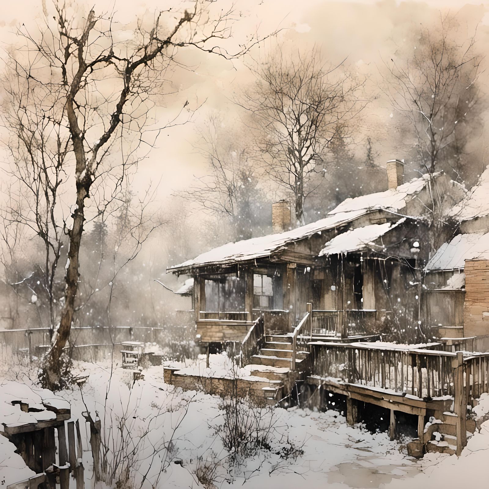 Backyard Winter Storm Illustration from Deck View