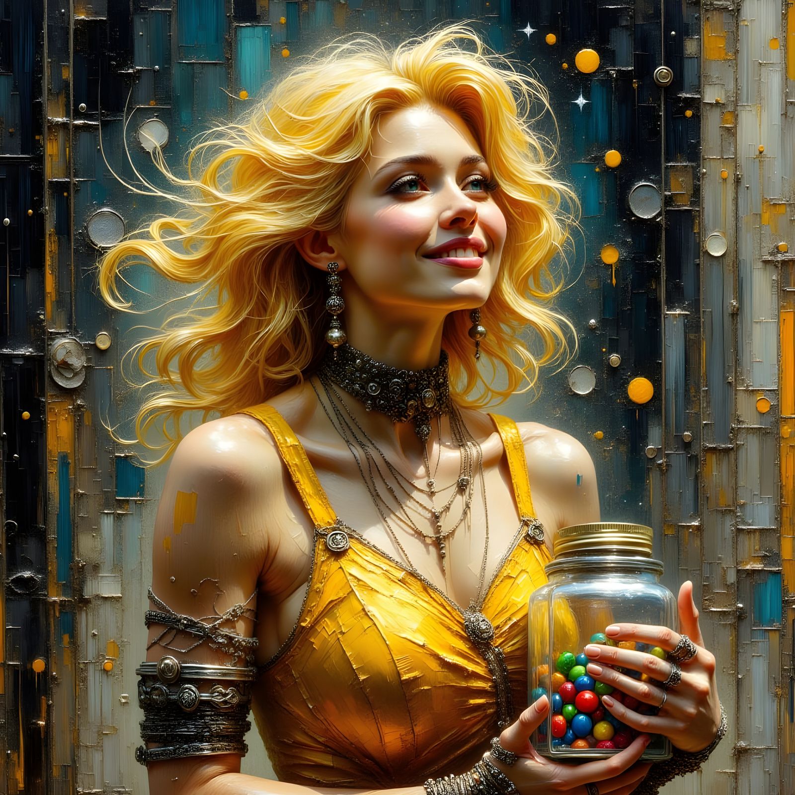 Happy Woman with M\&Ms in Gritty Futuristic Style