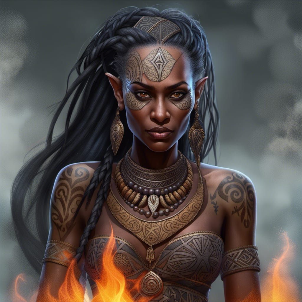 Dark Elf Sorceress Casting Fire Spell Portrait