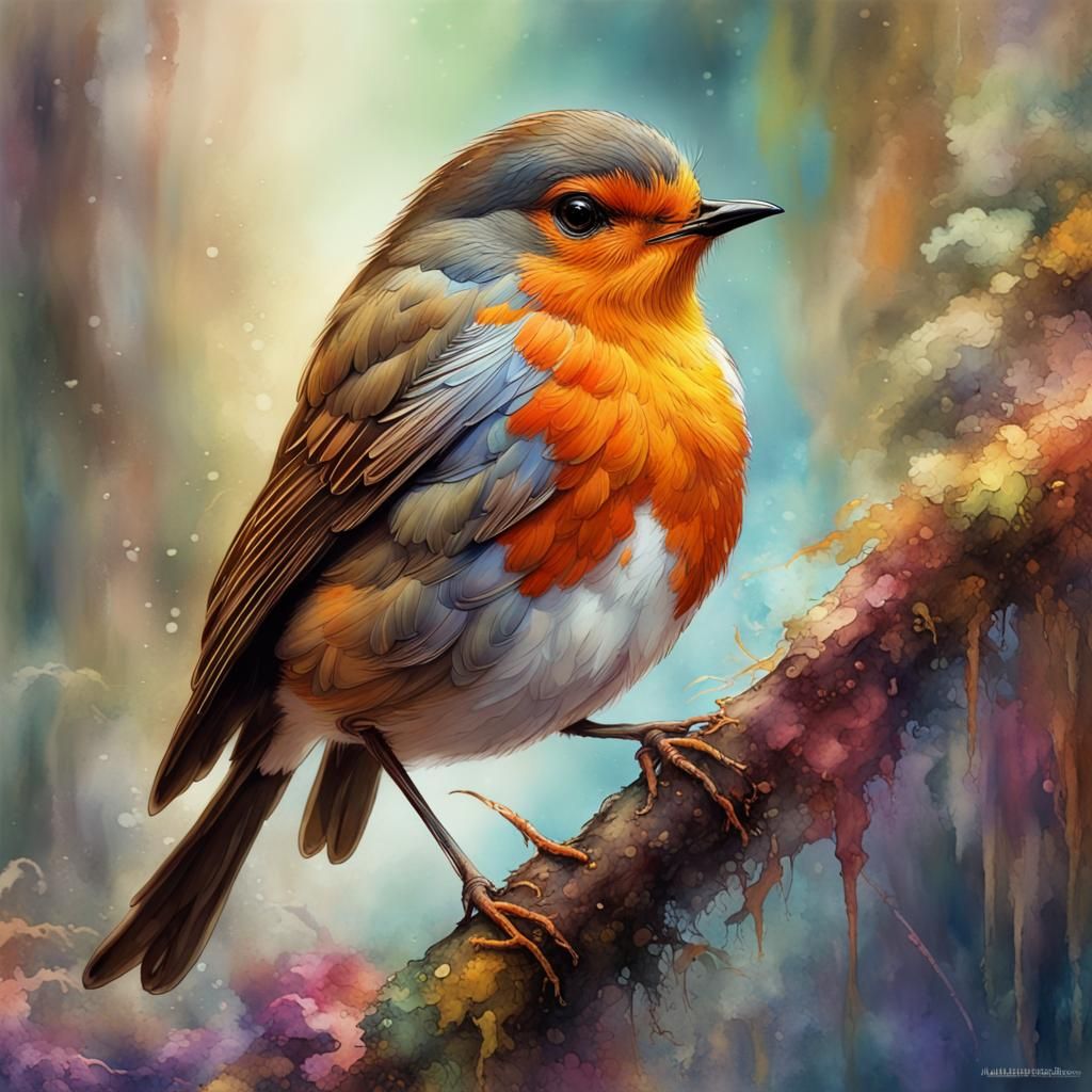 Robin Portrait in Splashy Watercolour Style