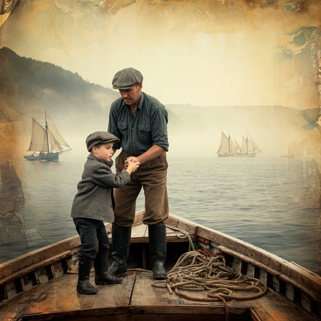 Boy on Weathered Boat Amidst Early Morning Sea