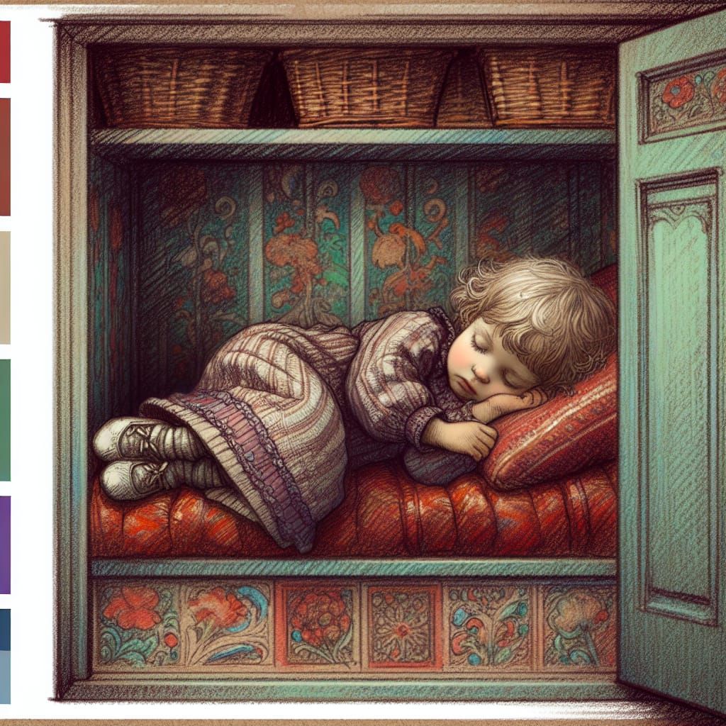 Illustration in the style of Elisheva Gaash. Sketch colors. Illustration for children's books. A very small two-year-old...