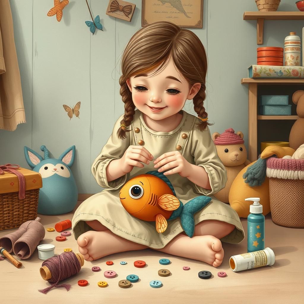 Girl Mending Plush Toy in Vintage Nursery