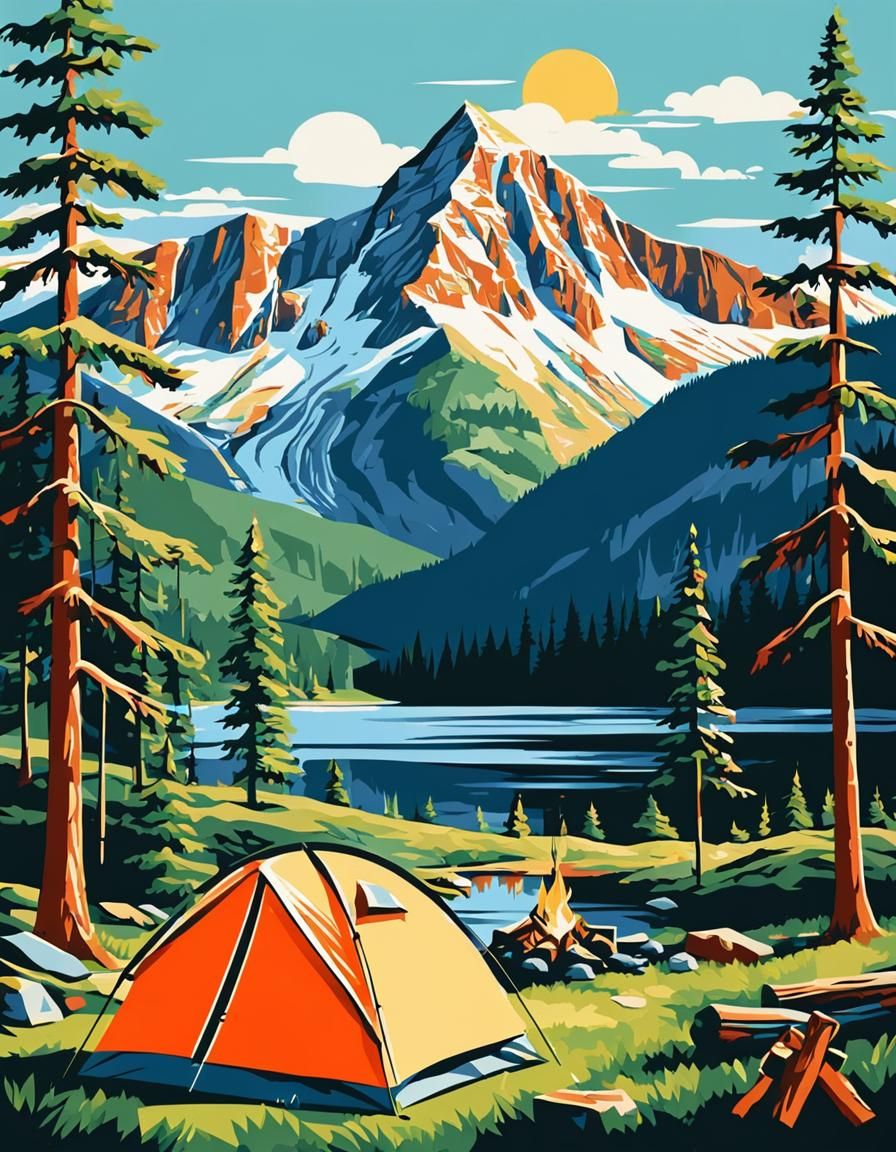 Mountain Campsite in 1960s Paint-by-Numbers Style
