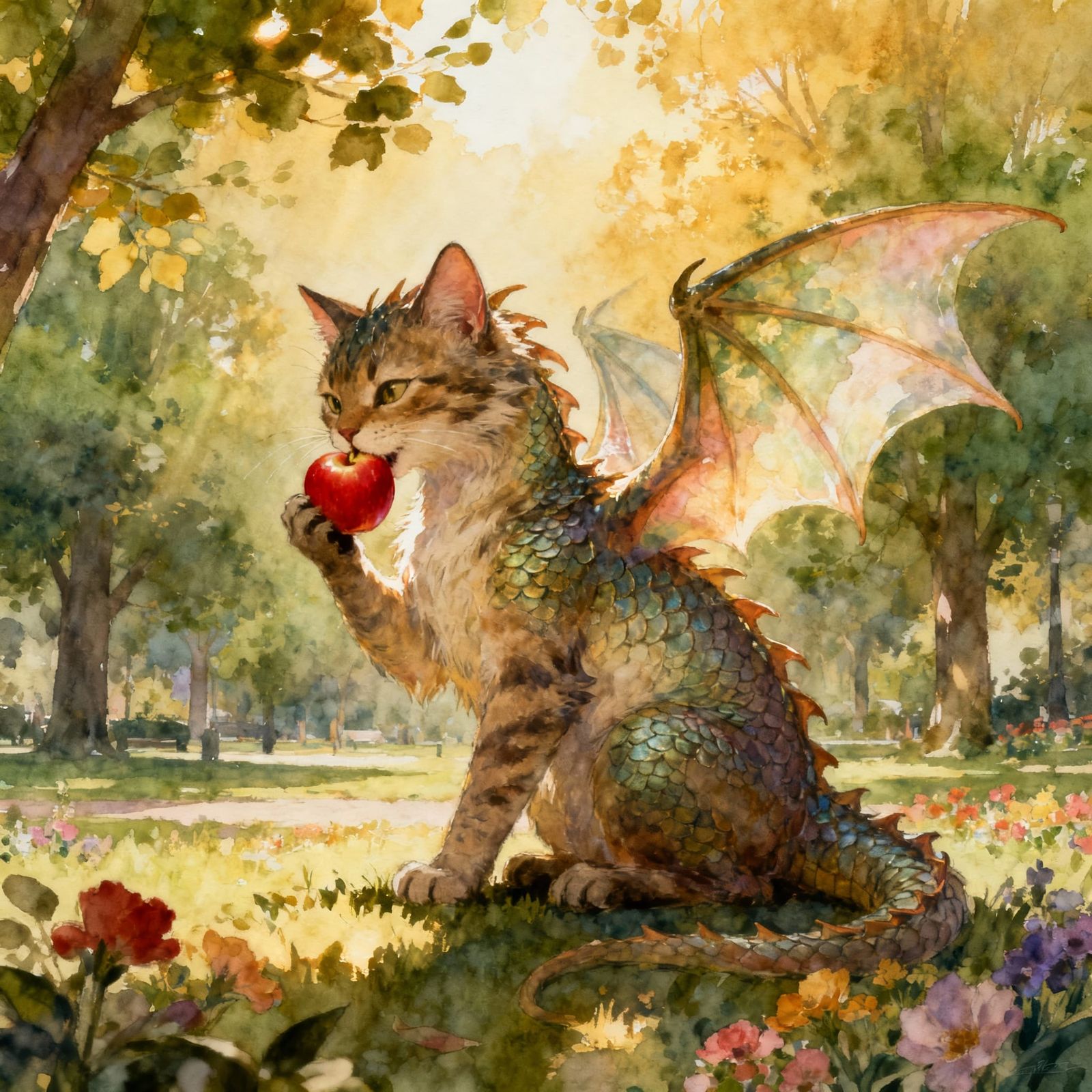 Whimsical Cat Dragon Enjoys Apple in Serene Park