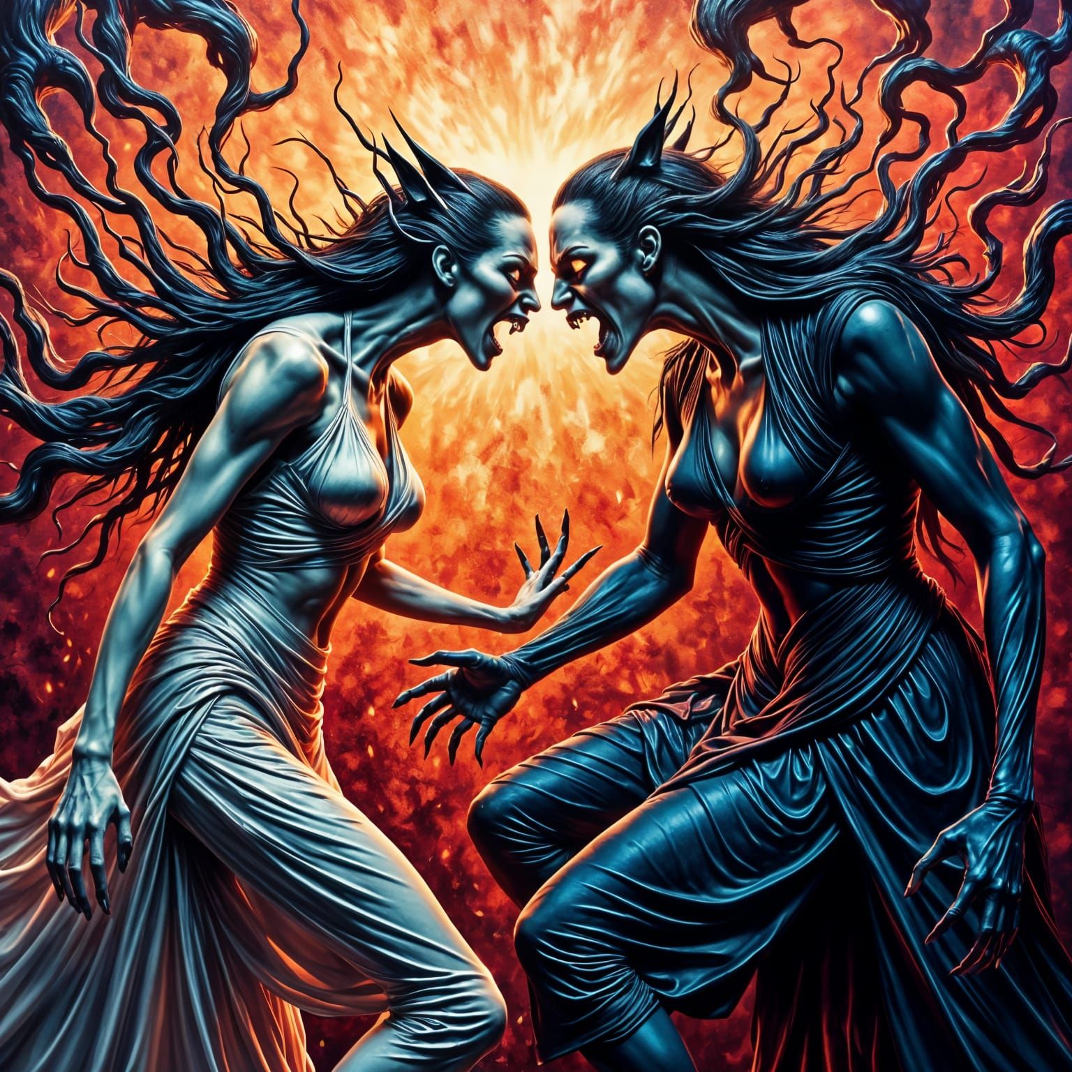 Epic Neo-Expressionist Oil Painting of Vampiress vs. Wolfwom...