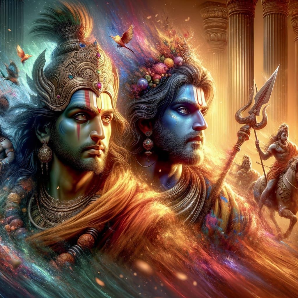 Krishna and Arjuna in Mahabharata, Hyperrealistic Concept Ar...