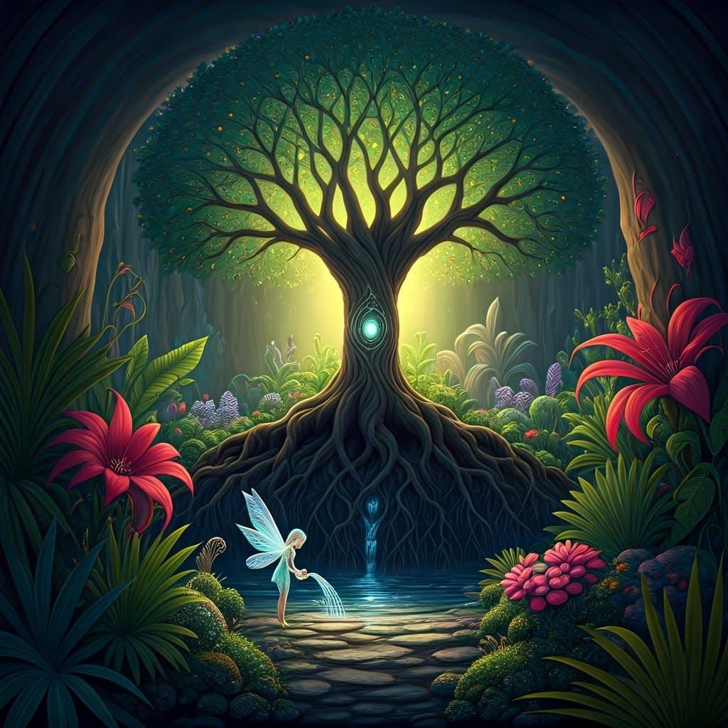 Mystical Fairy Tends Ancient Tree of Life in Secret Garden