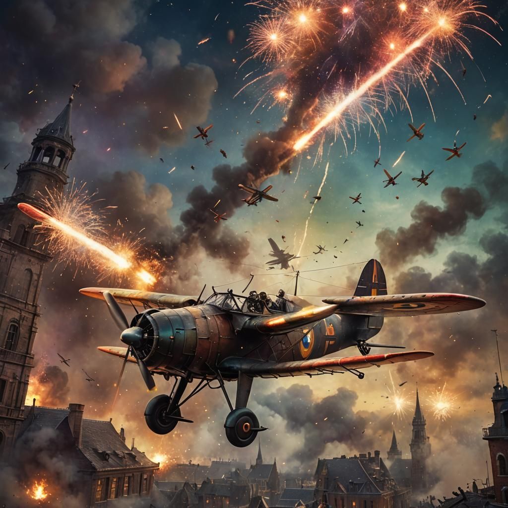 World War 1 Pilot Flying Plane with Fireworks