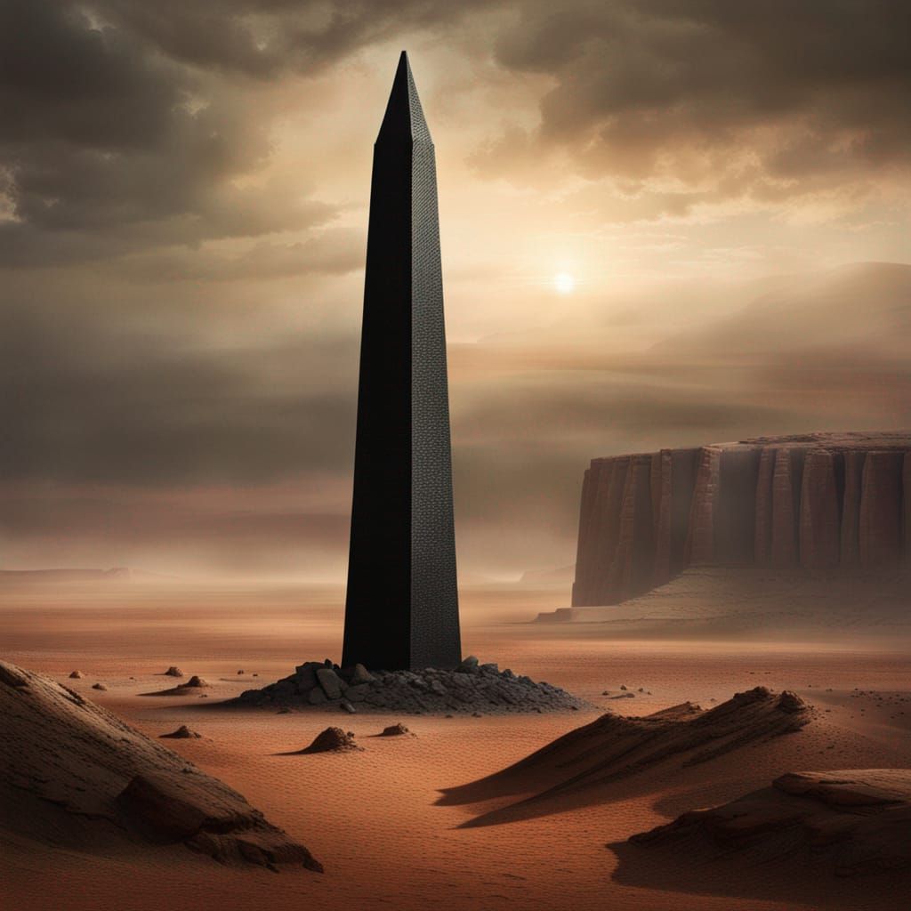 Monolithic Black Obelisk in Rocky Desert Landscape