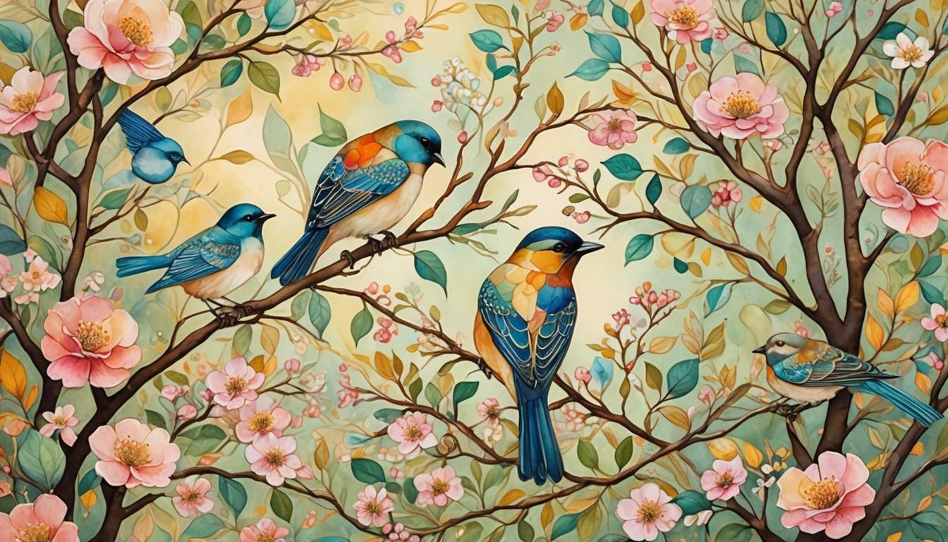 Songbirds in Blossoms: Klimt-Inspired Watercolour Art