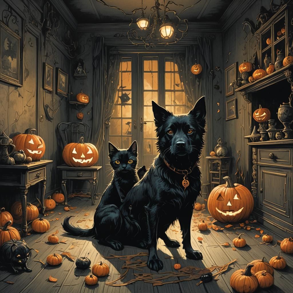 Halloween Pets Play in Dark Whimsical Etching