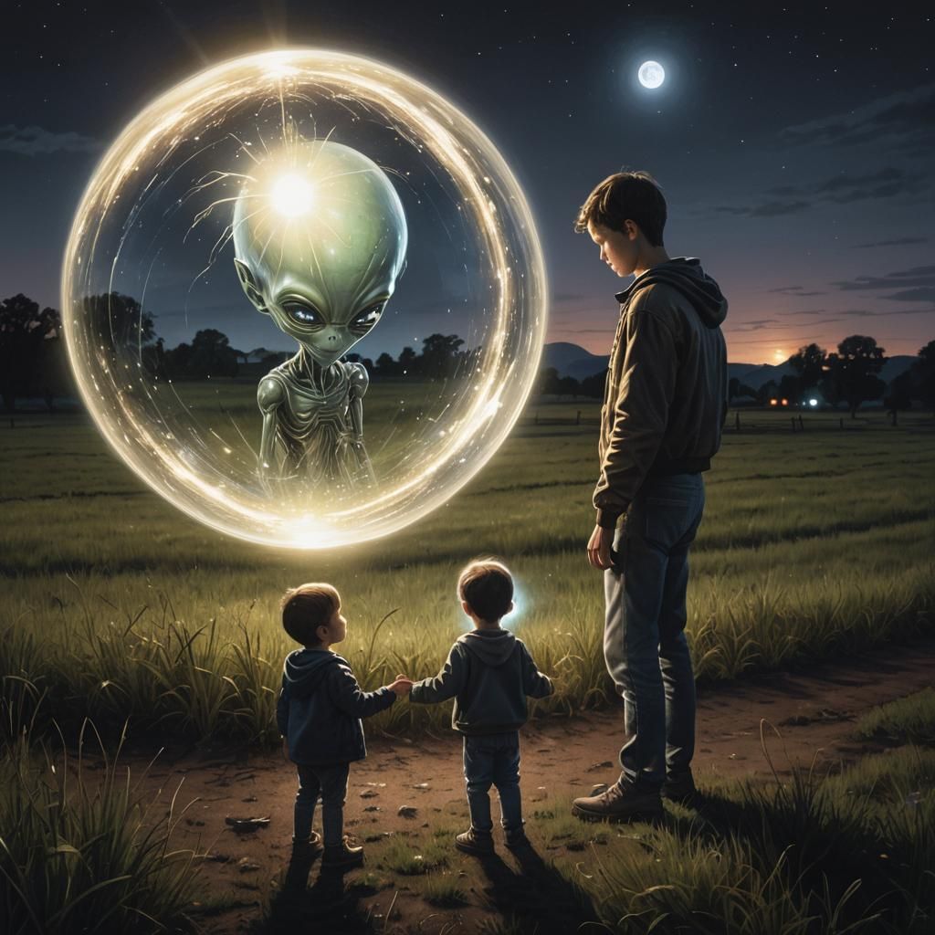 Child Encounters Alien Being in Orb at Night