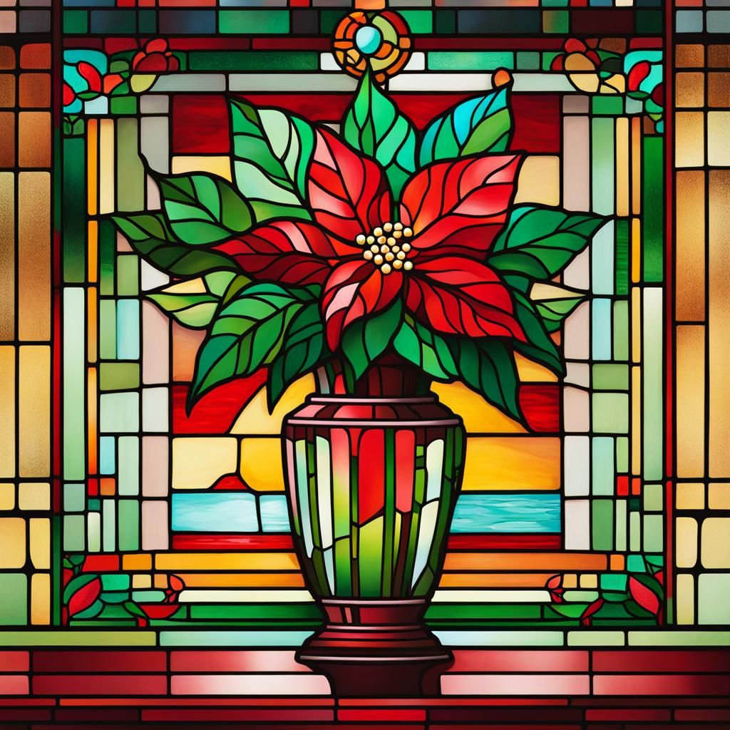 Stained Glass Poinsettia in Art Nouveau Rococo Style