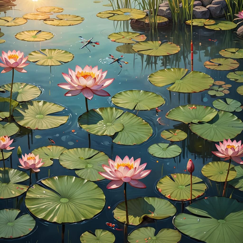 Lotus Flower in Koi Pond at Sunset