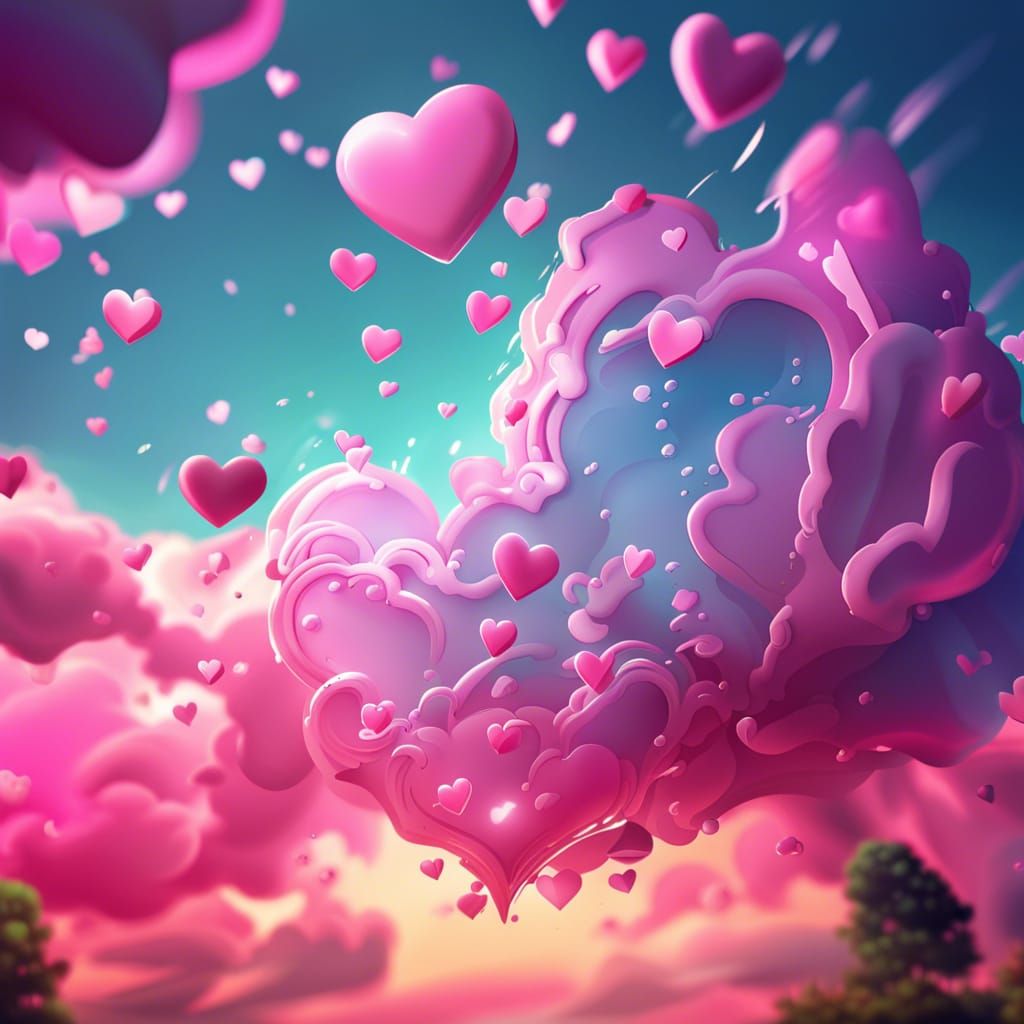 Hyperrealistic Pink Clouds Raining Hearts