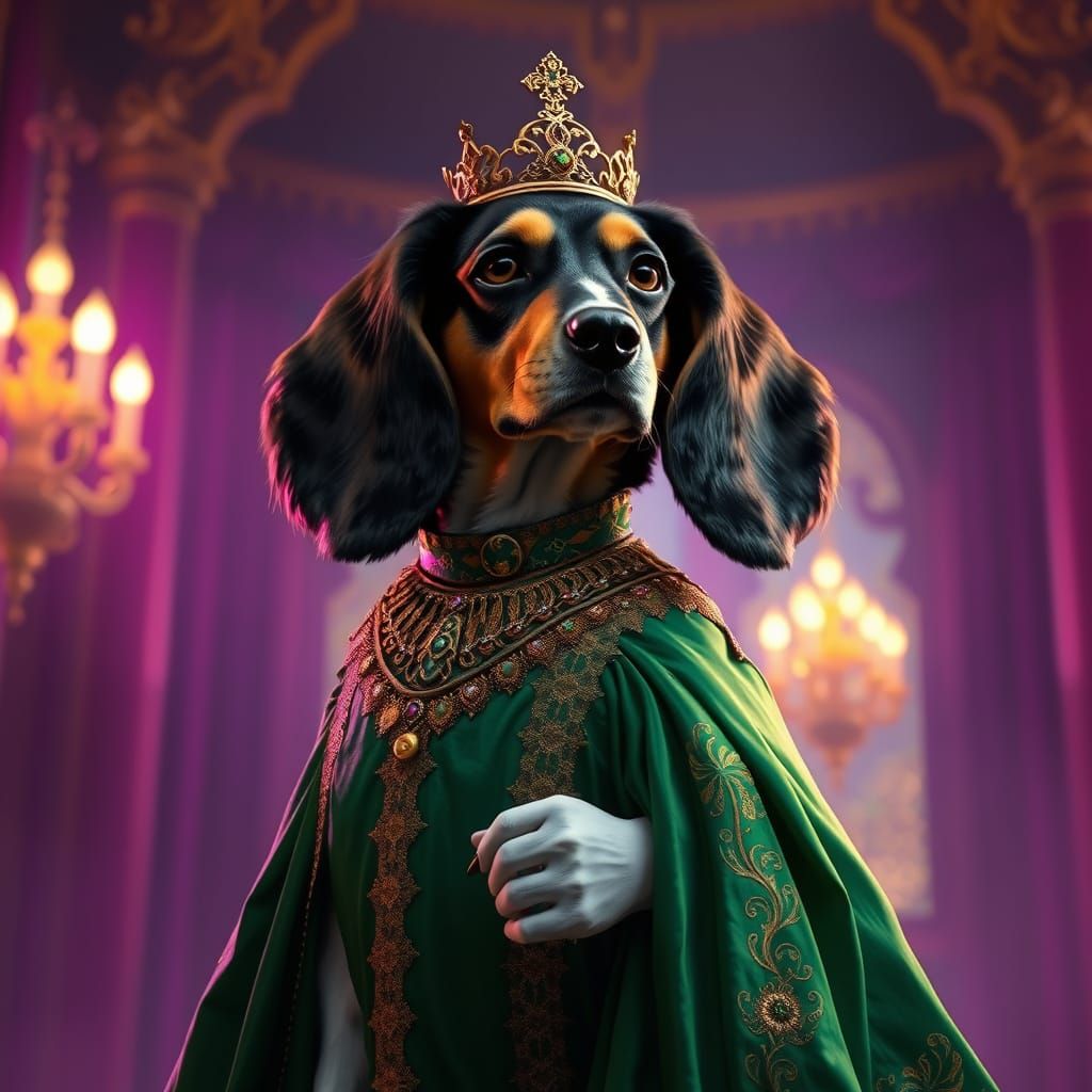 Regal Beagle in Elegant Dress: Dark Fantasy Concept Art