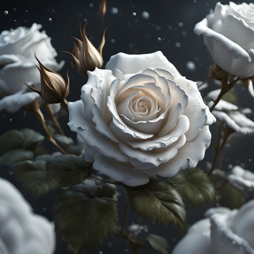 Detailed White Rose Matte Painting in Deep Color