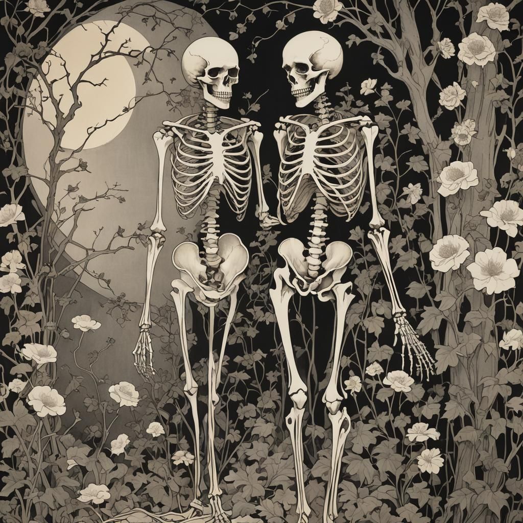 Art by Aubrey Beardsley, Émile Gallé, macabre scene featuring a skeleton in Art Nouveau elegance, bones intricately entw...