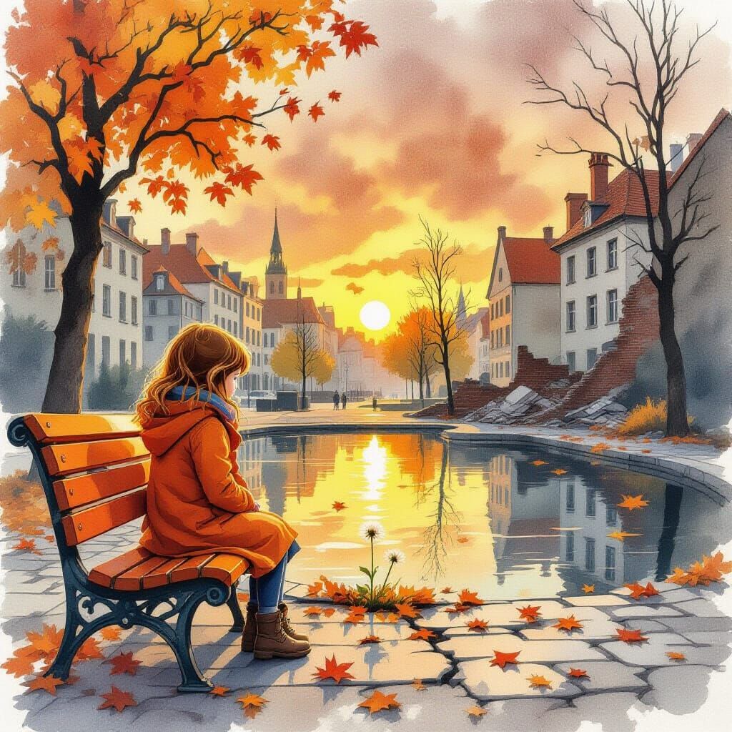 Melancholy Autumn Scene with Girl on Bench