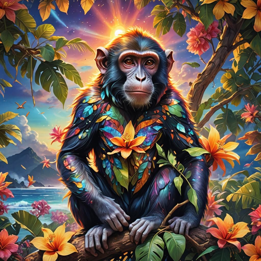 Colorful Monkey in Tree with Sunset and Supernova