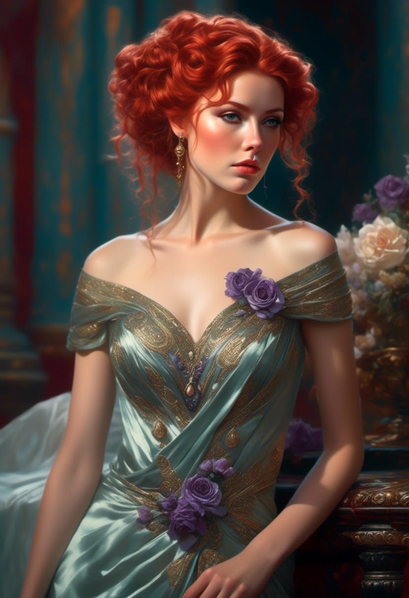 Red-Headed Goddess Portrait with Roses in Sci-Fi Style
